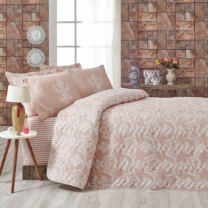 Růžový přehoz přes postel na dvoulůžko s povlaky na polštáře Livia